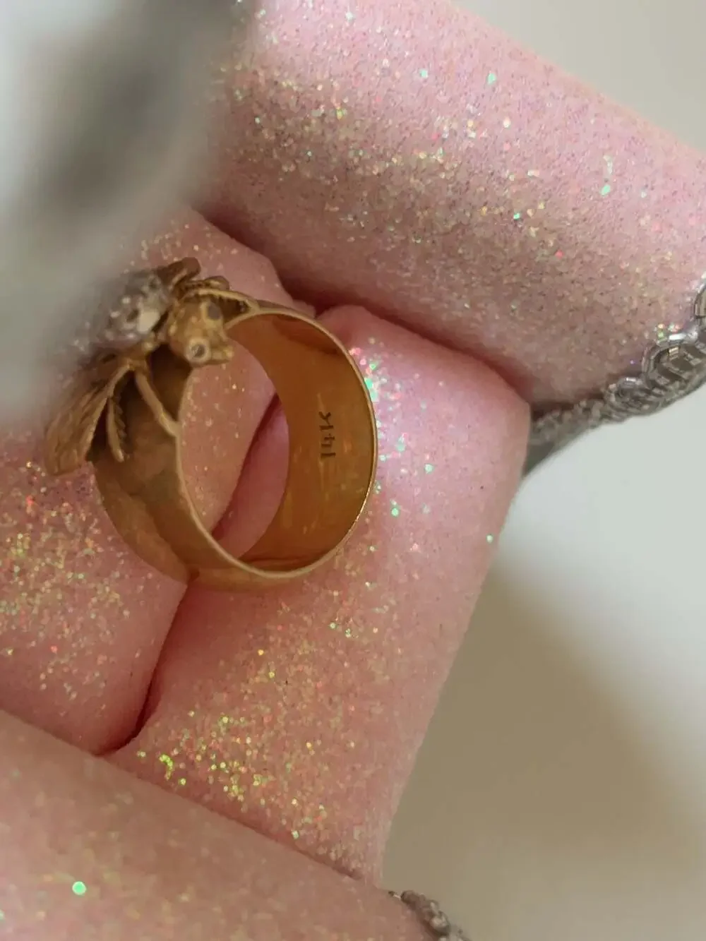Large Vintage 14K Gold Diamond Bee Statement Ring with Diamond eyes wide band Be